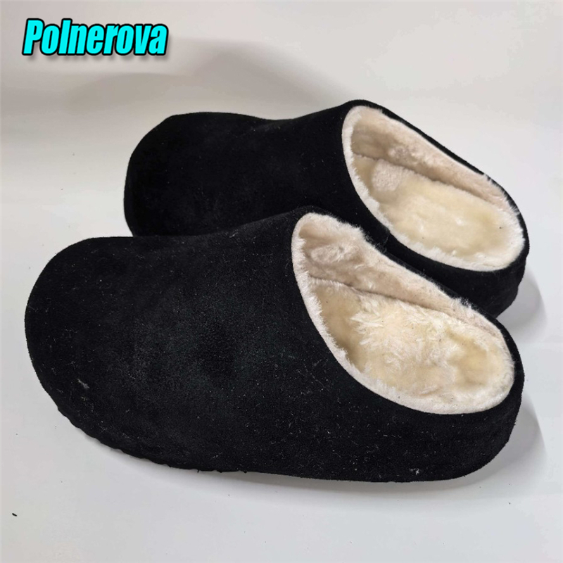 Slip On Mule Flat - Zamszowe, puszyste, grube kapcie na platformie